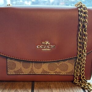 Coach Saddle Brown Leather & Signature Canvas Crossbody with Gold Chain